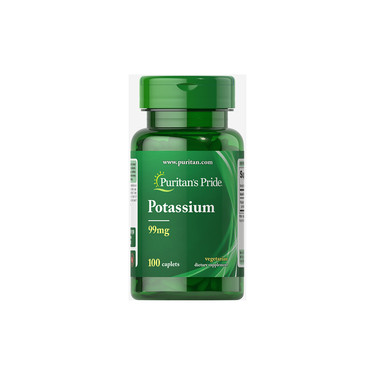 A bottle of Puritan's Pride Potassium 99 mg contains 100 coated caplets with a green label and cap, designed to support electrolyte balance and promote healthy blood pressure.